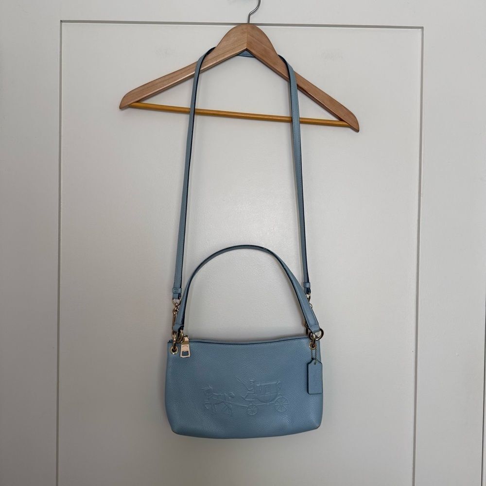 Coach 33521 Charley 2 Way Shoulder Bag Horse Carriage Logo Pebbled Leather Blue